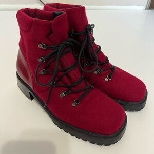 Stuart Weitzman Wool Leather Vintage 90s Lace-up Combat Boots Red Women Size 5.5